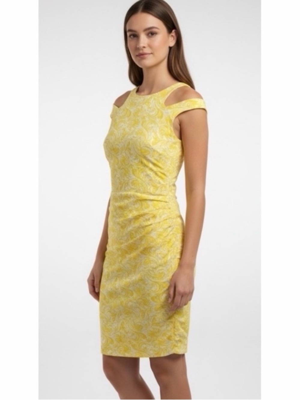 Caché Vintage Y2K Yellow Dress 2 Floral Embossed Ruched Cutout Bodycon 90s Retro